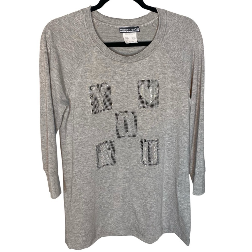 MODES CRYSTAL FASHION Grey Rhinestone Sweatshirt Pullover Long Sleeve Medium